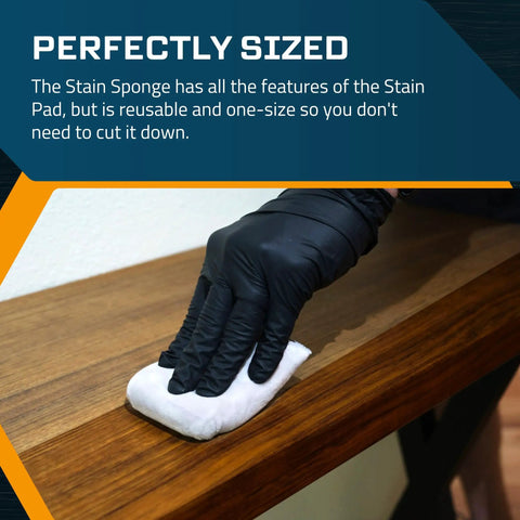 Close-up of hand using Stain Sponge Set 3 Pack For Wood Finishes And All Stains on a wooden surface, no lint or splatter.