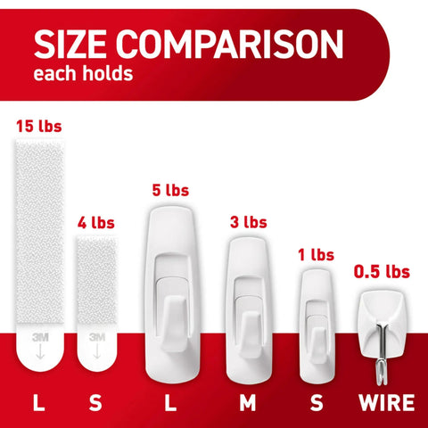 Damage Free Hanging Variety Pack With Ten Pairs Of Picture Hanging Strips, Six Wire Hooks And Eight Utility Hooks size comparison chart