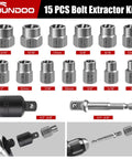 Image of a 15 Piece Easy Out Bolt Extractor Set for rusted, stripped nuts. Includes various socket sizes and attachments for quick removal.