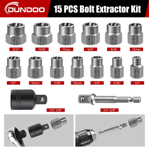 Image of a 15 Piece Easy Out Bolt Extractor Set for rusted, stripped nuts. Includes various socket sizes and attachments for quick removal.