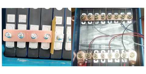 Top Shelf 16 Piece Purple Copper Battery Bus Bar Connection Plates For 5.5 6.2 And 6.9 Ah Lithium Cells in wiring setup.