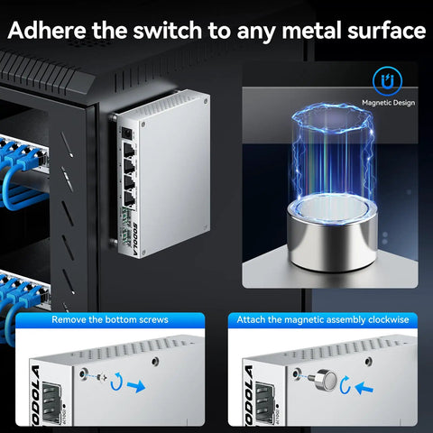 Six Port 2.5G Easy Web Managed Switch shown with magnetic mount adhering to server rack.