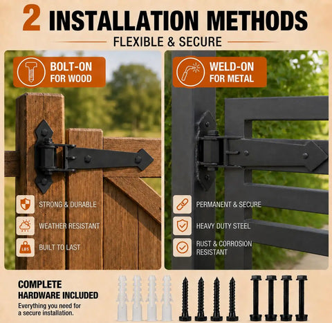 Two installation methods for Heavy Duty Gate Hinges With 1100 Lbs Load Rating And Sealed Integrated Ball Bearings for wood and metal gates.