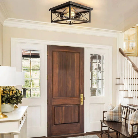 Industrial Two Light Retro Flush Mount Ceiling Light Fixture For Entryway Hallway Foyer And Cozy Living Spaces Square Rustic Farmhouse