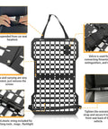 Built Tight Rigid Molle Panel For Trucks And Cars Lock Down Your Gear With This Kickass Tactical Seat Back Organizer Featuring Quick Attach Webbing Elastic Tie Downs And Heavy Duty Gun Mount Brackets In Solid Black, showcasing storage features and attachment points.