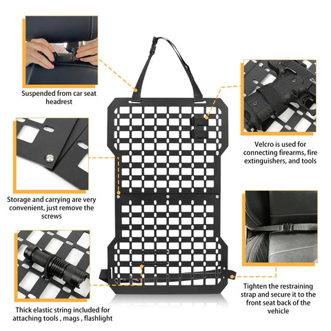 Built Tight Rigid Molle Panel For Trucks And Cars Lock Down Your Gear With This Kickass Tactical Seat Back Organizer Featuring Quick Attach Webbing Elastic Tie Downs And Heavy Duty Gun Mount Brackets In Solid Black, showcasing storage features and attachment points.