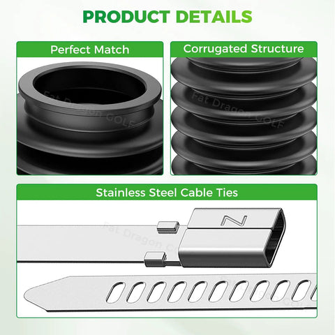 Close-up of Club Car DS Steering Rack Dust Boot for 1997 and Up Golf Carts Fits Gas and Electric Easy Install With Stainless Steel Cable Ties OEM 1013035 101880001, showing corrugated structure and included metal tie.