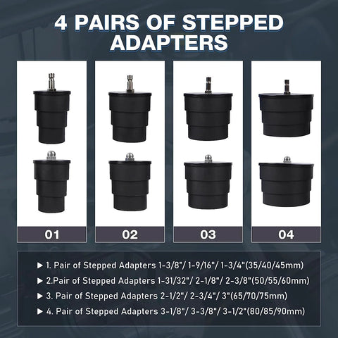 Turbo system leakage tester kit: front-view collage of four black stepped adapters with metal fittings labeled 01–04.