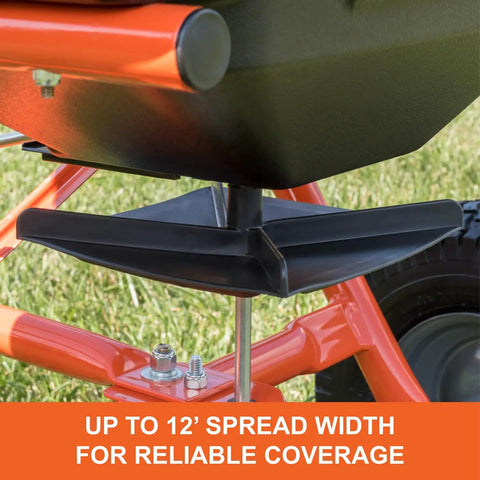 Close-up of Tow Behind Lawn And Garden Broadcast Spreader With 185 Lb Capacity, Tackles Seed Fertilizer Salt Ice Melt, 12 Ft Spread