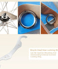 Bicycle Headset Lockring Wrench With Dual Radius Hooks 41-42 mm Outer Diameter And 43-44 mm Ring Length in use with bike wheel