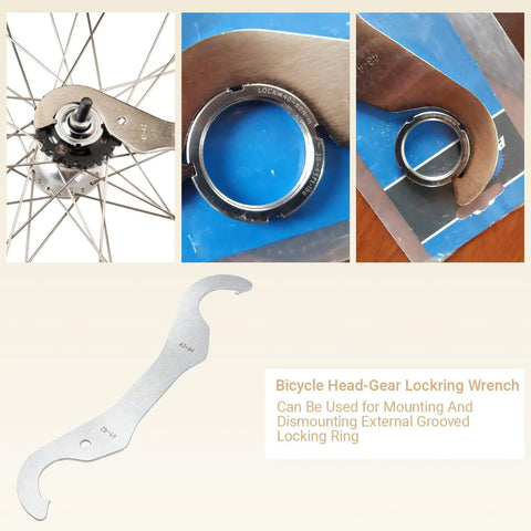 Bicycle Headset Lockring Wrench With Dual Radius Hooks 41-42 mm Outer Diameter And 43-44 mm Ring Length in use with bike wheel