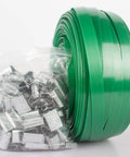 Built Like A Tank Rock Solid Polyester Strapping Half Inch By Three Twenty Feet Roll Offering Seventeen Sixty Five Pound Pull Power With One Hundred Steel Seals For Easy Outdoor Tying Work with green strap and metal seals.