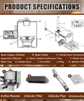 Product specifications for Prograde Hot Air Coffee Roaster Machine For Home Or Cafe Counter with labeled components and features.