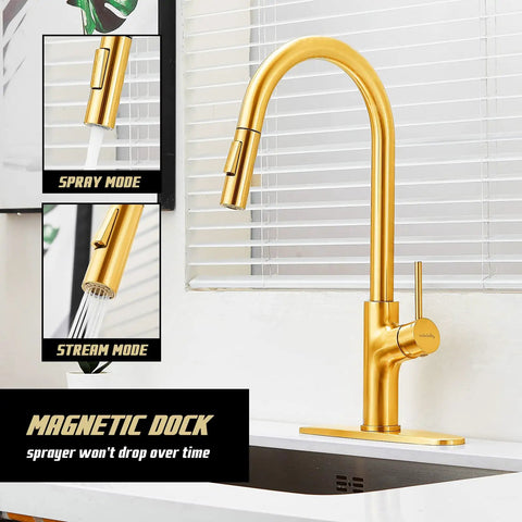 Top Shelf Brushed Titanium Gold Kitchen Faucet With Pull Down Magnetic Docking Sprayer, single handle deck mount