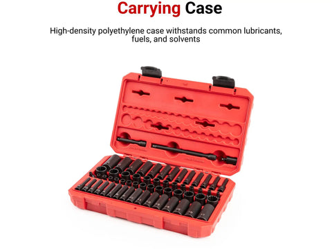 Open red carrying case with One Quarter Inch Drive Shallow And Deep Twelve Point Impact Socket Set With Case Sixty One Piece Socket Set Includes Five Thirty Seconds To Eleven Sixteenths Inches And Four To Seventeen Millimeters All In One Handy Kit For Any Auto Or Workshop Job displayed inside
