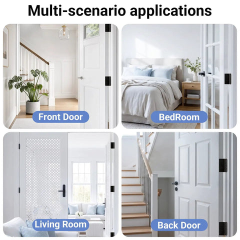 Six Pack Matte Black 4 Inch Door Hinges Heavy Duty Iron Exterior Interior With 5/8 Radius And Square Corners shown on various doors
