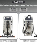 Badass Heavy Duty Industrial Wet Dry Vacuum 21 Gallon Tank 3.3 Horsepower Motor 222 Cfm Airflow 27 Inch Squeegee showing stainless steel body.