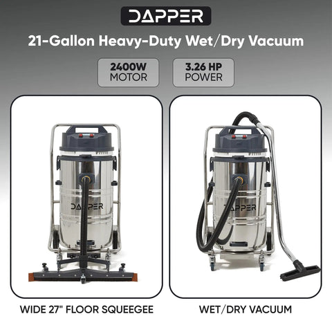 Badass Heavy Duty Industrial Wet Dry Vacuum 21 Gallon Tank 3.3 Horsepower Motor 222 Cfm Airflow 27 Inch Squeegee showing stainless steel body.