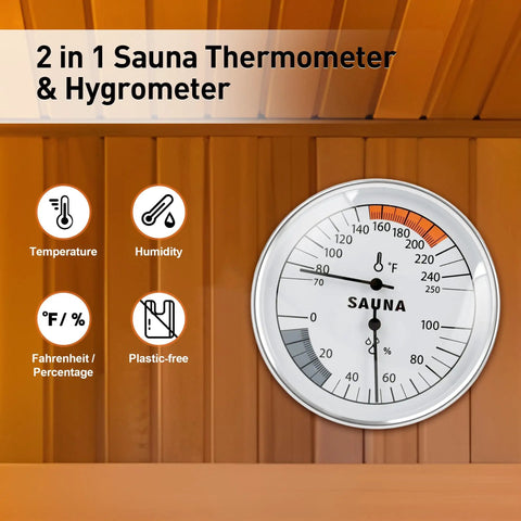 2 In 1 Sauna Thermometer And Hygrometer Fahrenheit And Humidity Gauge For Home Spa Steam Room Real Time Temperature And Humidity Monitor Built To Last With A Durable Mechanical Metal Case, round dial on wood wall