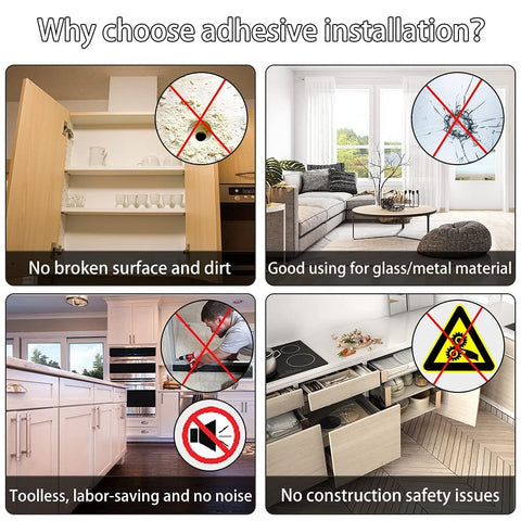 Benefits of adhesive installation shown with Magnetic Cabinet Catches With Ultra Strong Adhesive No Tools Needed images of applications.