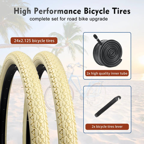 24X2.125 Inch Beach Cruiser Tire Replacement For 24 Inch Wheels Cream Color Folding Tire With Tubes And Levers