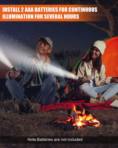 Couple using 20 Pack Pen Light Flashlights, 5.12 Inch Aluminum Pocket LED Lights With Clip, Waterproof for camping by a fire.