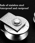 Four Pack Tough As Nails 304 Stainless Steel Groove Caster Wheels For Sliding Gates And Rolling Doors With Quiet Bearings That Glide Smooth U V H Style Track 3 Inch Heavy Duty closeup showing waterproof and rustproof features.