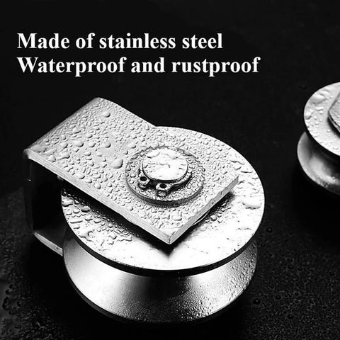 Four Pack Tough As Nails 304 Stainless Steel Groove Caster Wheels For Sliding Gates And Rolling Doors With Quiet Bearings That Glide Smooth U V H Style Track 3 Inch Heavy Duty closeup showing waterproof and rustproof features.