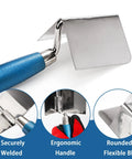Two Piece Drywall Corner Tool Set with 90 Degree External and Internal Corner Trowels, stainless steel and ergonomic handle close-up