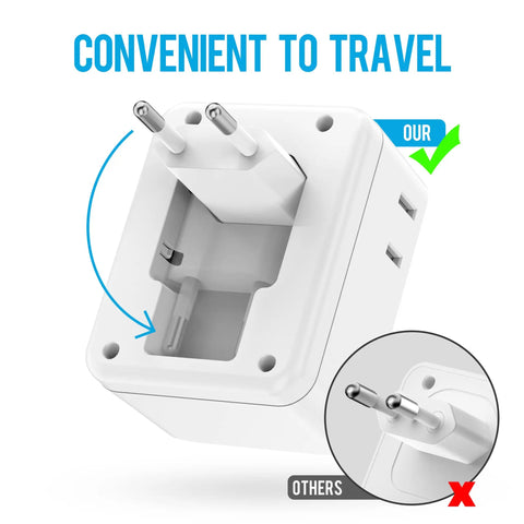 Close-up of the 7-In-1 Foldable European Travel Plug Adapter showing foldable prongs for convenient travel use.