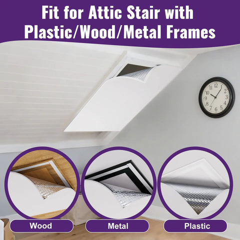 Heavy Duty Attic Stairs Insulation Cover With Aluminum Foil Heat Barrier For Ceiling Access Door showing fit for plastic, wood, and metal frames.
