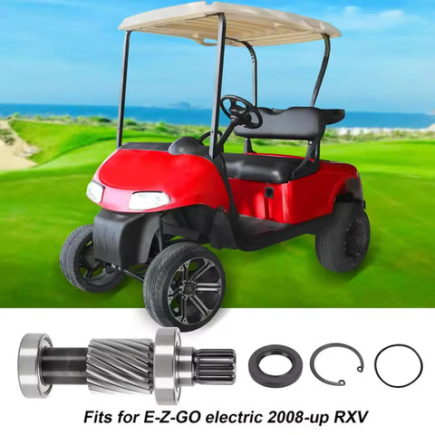 All Metal Golf Cart Drive Shaft For RXV Models Post 2008 620329 Heavy Duty Steel Replacement Part displayed in front of red golf cart