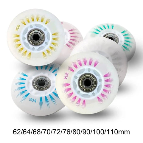 Colorful LED Light-Up Inline Skate Wheels Set with Magnetic Core, 90A Hardness, various sizes, assortment of colors visible.