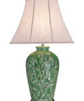 Green Glaze Floral Embossed Ceramic Table Lamp With Dark Wood Base, Traditional 33.5 Inch Height, Oval Bell Off White Linen Shade Measuring 20 Inch Wide By 11 Inch, Medium Base Bulb Up To 100 Watts, Soft Ambient Glow For Living Room.