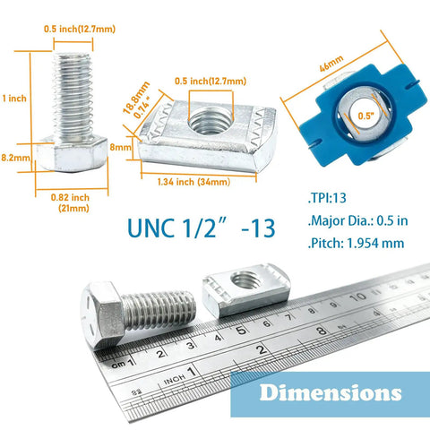 Half Inch Thirteen Thread Strut Channel Nuts And Hex Bolts With Blue Plastic Wing Twist Lock Tabs For Nail The Install Hardware Setup Includes Thirty Six Rock Solid Rack Mounting Pieces, shown with dimensions.