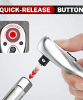 Top Shelf 3/8 Inch Drive Ratchet Wrench Crafted From Premium Chrome Vanadium Steel showing quick-release button in use.