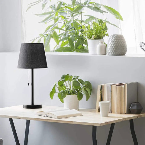Modern Black Bedside Lamps Two Pack for Bedroom and Living Room With Pull Chain Switch on a desk by window