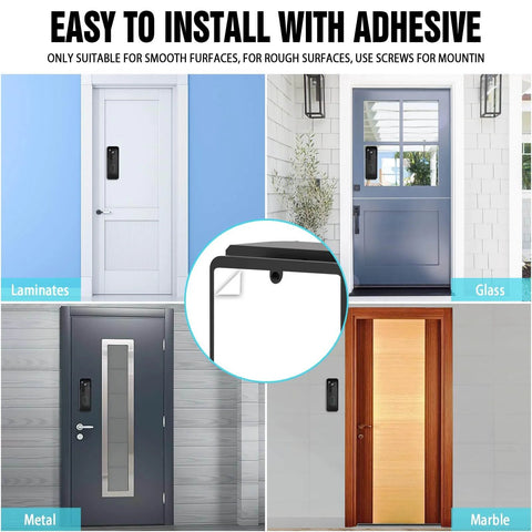 Anti Theft Angle Mount For Blink Video Doorbell 2025 2nd Gen Adjustable 45 Degree Wall Bracket With Weatherproof Cover shown installed on various door materials including laminates, glass, metal, and marble with adhesive option.