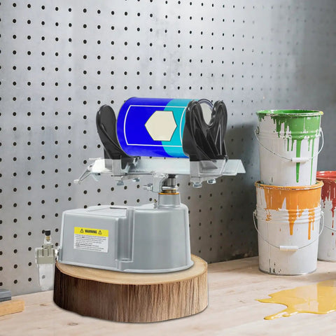 Solid As A Rock Air Operated Paint Shaker Heavy Duty Adjustable Clamp Agitator Mixer with paint cans on workbench.