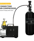PCP air compressor connected to 4500 Psi Carbon Fiber Scuba Tank 2L 122 Cu In 2000cc High Pressure Cylinder For Deep Sea Diving Snorkeling.