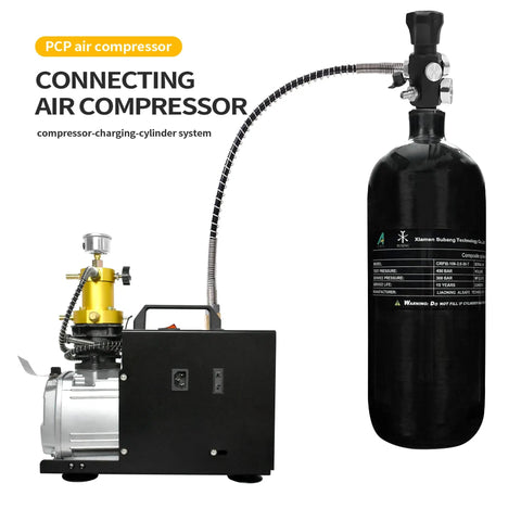 PCP air compressor connected to 4500 Psi Carbon Fiber Scuba Tank 2L 122 Cu In 2000cc High Pressure Cylinder For Deep Sea Diving Snorkeling.