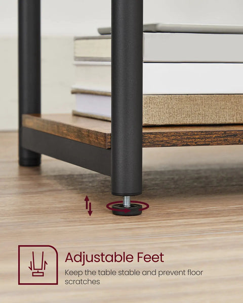 Close-up of adjustable feet on modern tall nightstand, steel frame with rustic brown finish, End Table Side Table For Living Room.