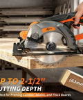Heavy Duty Brushless Cordless Circular Saw Features 21 Volt 1500 Watt Motor Delivering 7000 Rpm For Badass Torque And Razor Sharp Cuts Through Lumber And Sheet Goods Includes Dual Six Ah Batteries Plus Fast Charger For Weekend Warrior Projects cutting through wood with visible max depth markings.