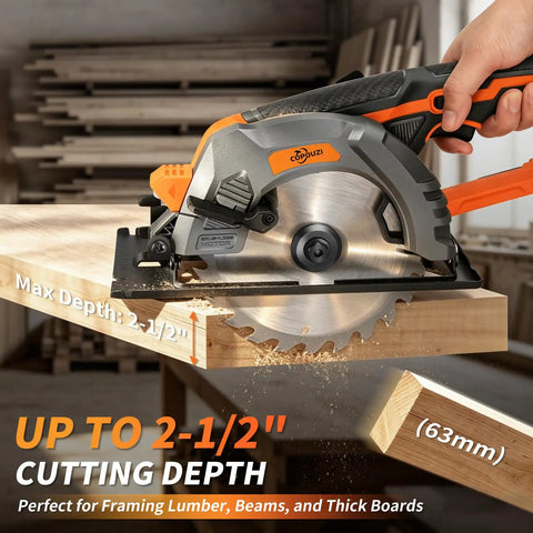 Heavy Duty Brushless Cordless Circular Saw Features 21 Volt 1500 Watt Motor Delivering 7000 Rpm For Badass Torque And Razor Sharp Cuts Through Lumber And Sheet Goods Includes Dual Six Ah Batteries Plus Fast Charger For Weekend Warrior Projects cutting through wood with visible max depth markings.