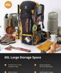65L Internal Frame Hiking Backpack With Rain Cover For Camping, Waterproof Daypack For Men And Women, Built Tough In 900D Nylon, TearProof Build, YKK Zippers, Ideal For Hiking And Backpacking against camping gear backdrop