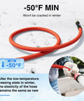 Front view: red 5/8-inch rubber garden hose, 50 ft, brass fittings for outdoor use.