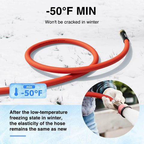 Front view: red 5/8-inch rubber garden hose, 50 ft, brass fittings for outdoor use.