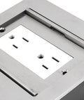 Heavy Duty Recessed Floor Outlet With Two Electrical Receptacles Featuring Double Slide Stainless Steel Build For Dead Simple Kitchen Living Room Or Office Power Hookup Zero Grind One Hand Setup At One Hundred Ten Volts with dual sockets.