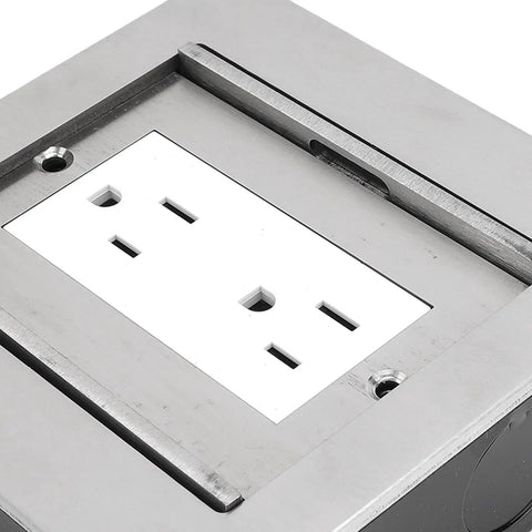Heavy Duty Recessed Floor Outlet With Two Electrical Receptacles Featuring Double Slide Stainless Steel Build For Dead Simple Kitchen Living Room Or Office Power Hookup Zero Grind One Hand Setup At One Hundred Ten Volts with dual sockets.