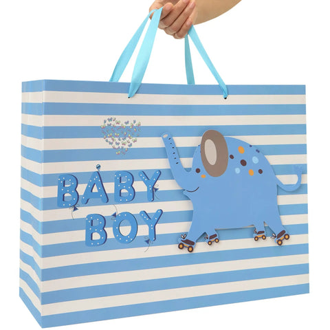 16.5 Inch Extra Large Baby Boy Gift Bag Set With Handles Greeting Card Blue Tissue Paper And Stickers 3D Elephant Design